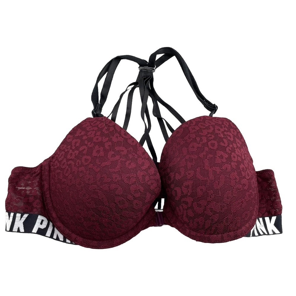 Victoria's Secret Sport Push Up‎ Bra Womens 34B Burgundy Floral Lace Underwire